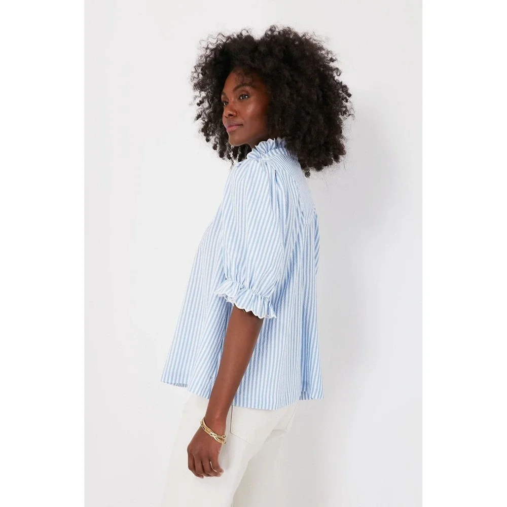 Pomander Place Selena Blouse Blue White Stripe Seersucker Puff Sleeve Top S NWOT